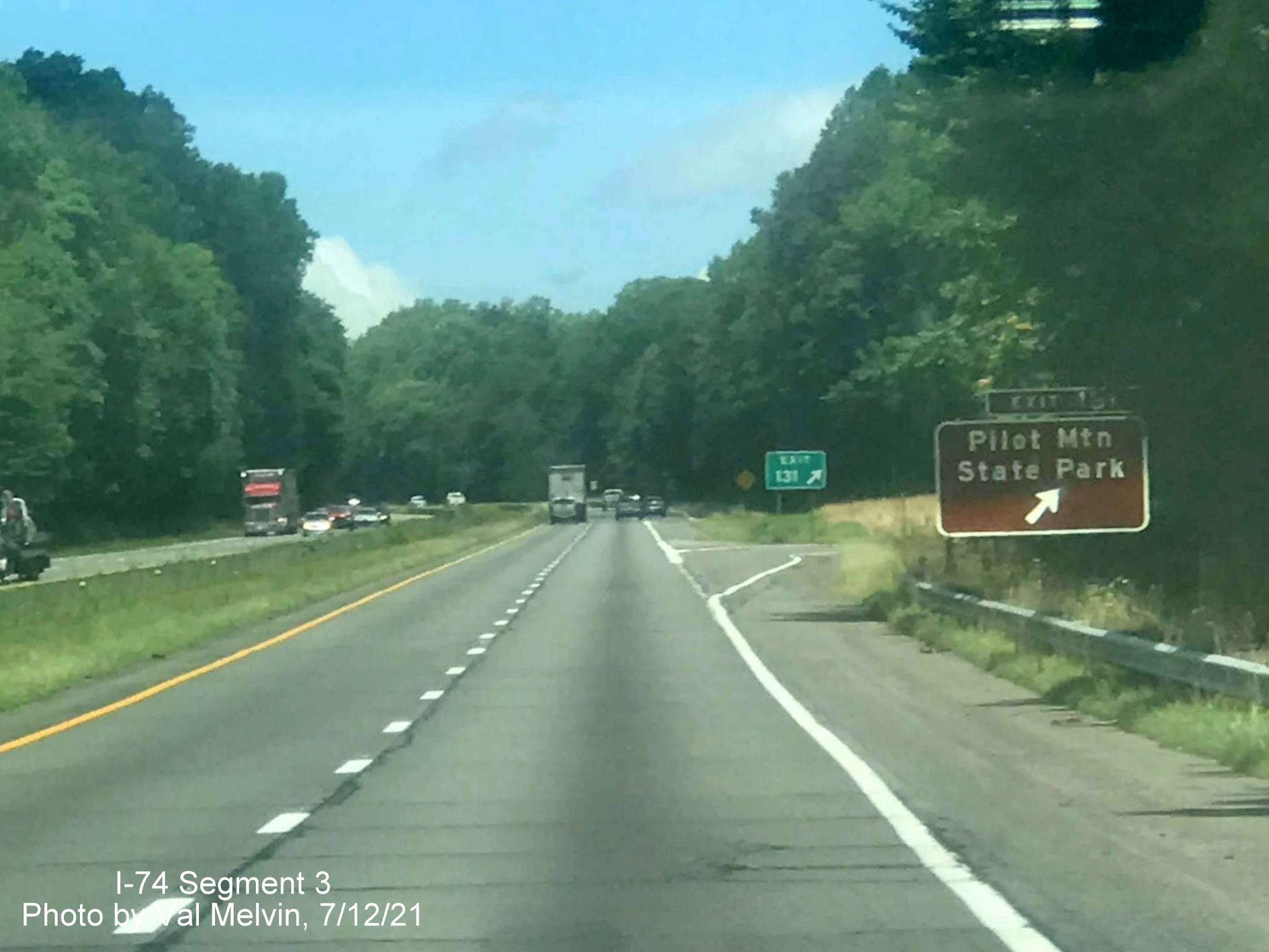 Image of ramp sign for Pilot Mountain State Park exit on US 52 North (Future I-74 West) in Surry County, by Val Melvin, July 2021