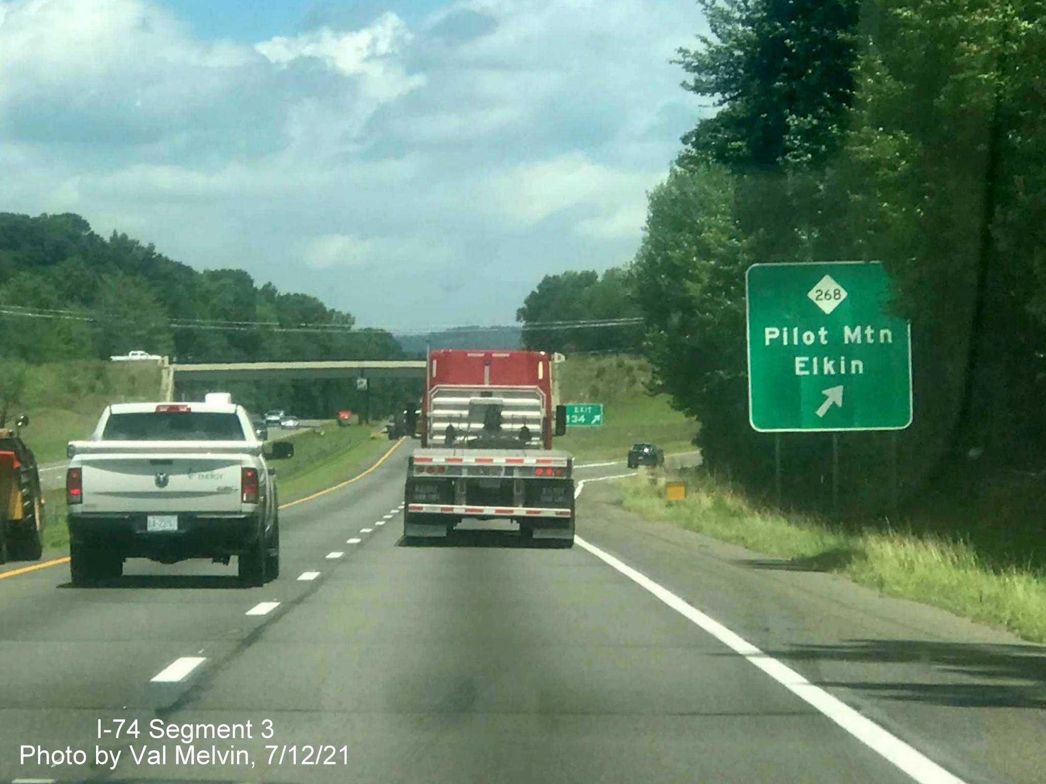 Image of ramp sign for NC 268 exit on US 52 North (Future I-74 West) without an exit tab 
        in Surry County, by Val Melvin, July 2021