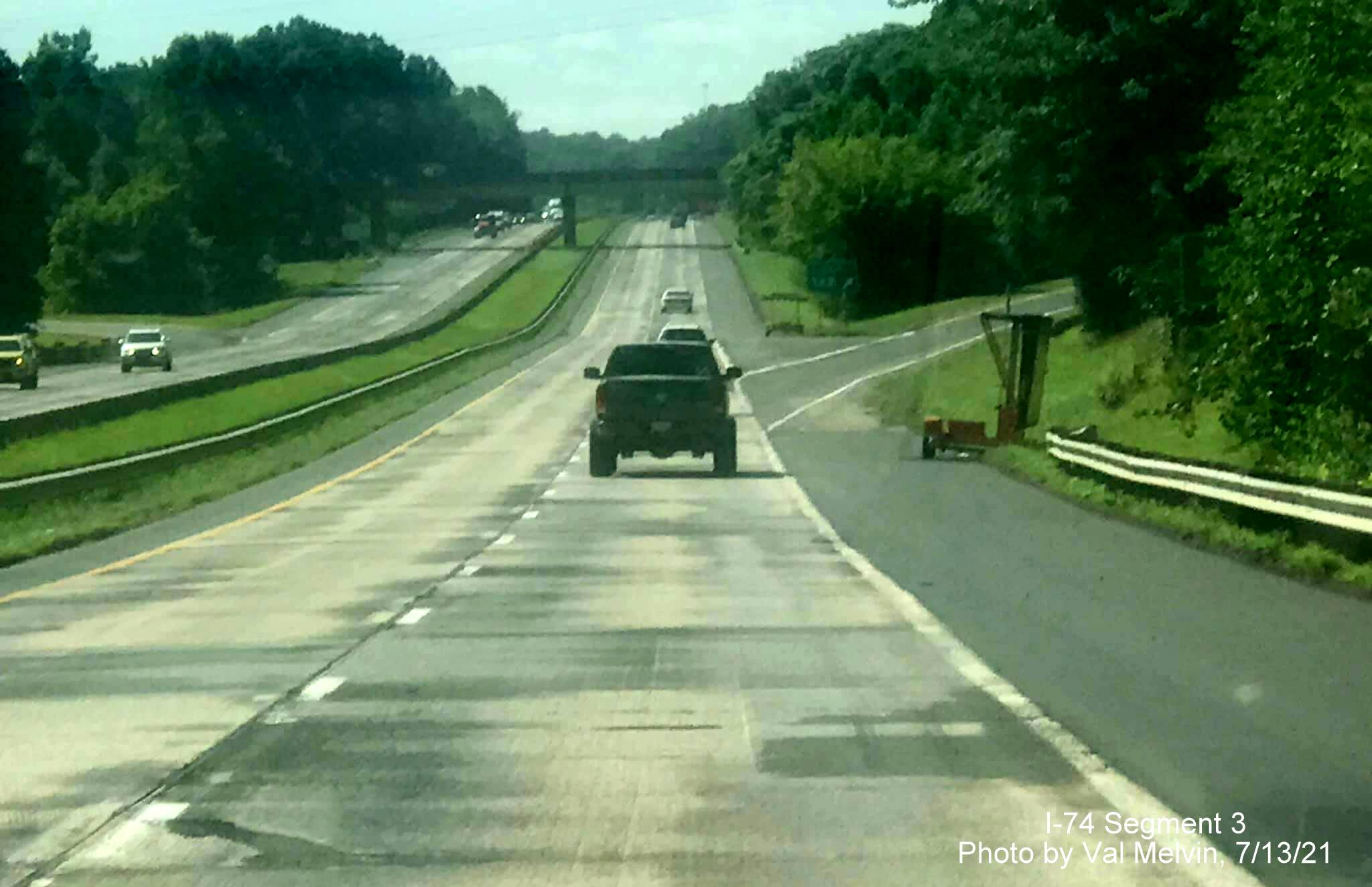Image of US 52 South (Future I-74 East) approaching he Moore-RJR Drive exit in Forsyth County, by Val Melvin, July 2021