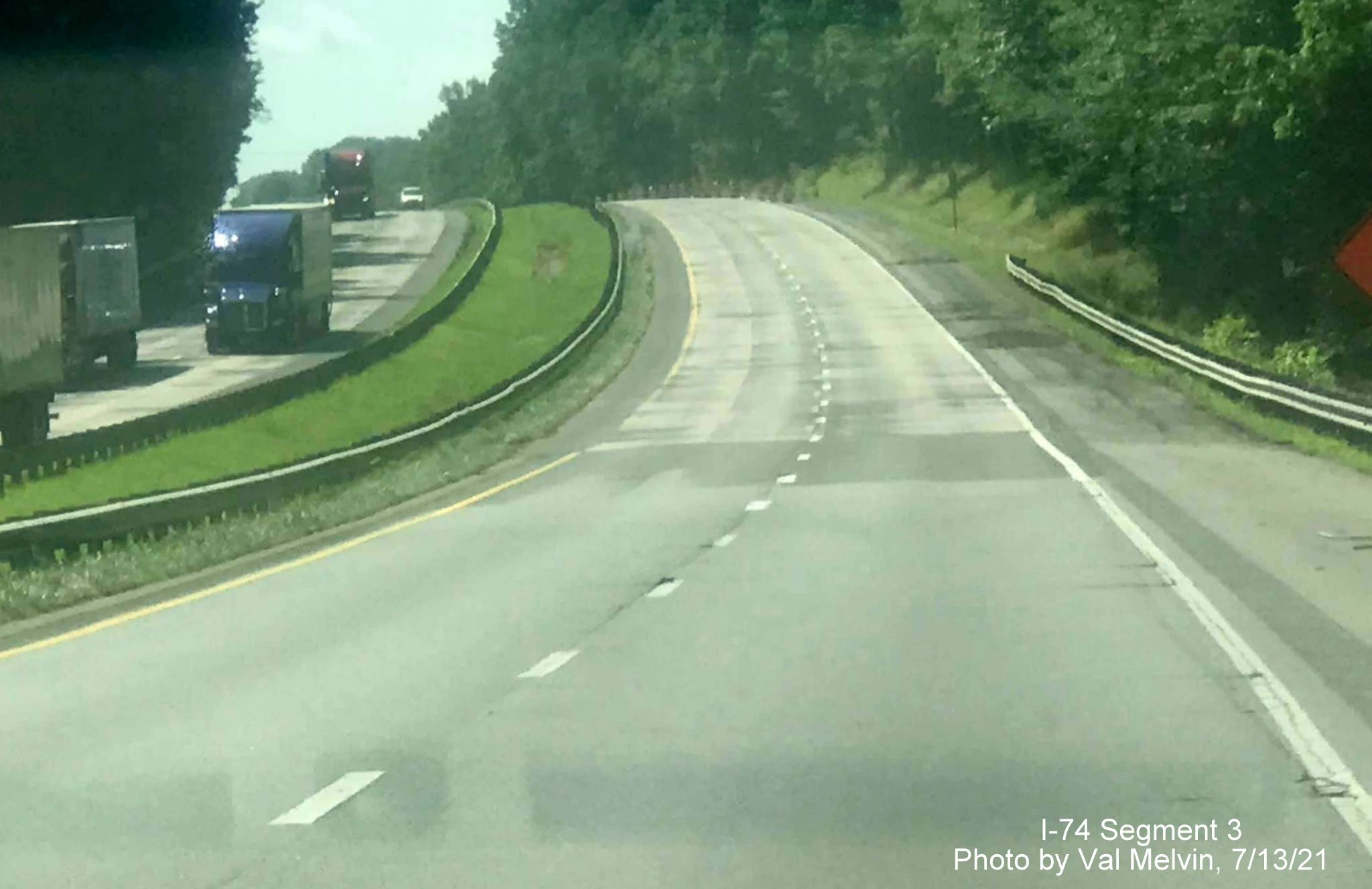 Image of widened shoulder along US 52 South (Future I-74 East) in Forsyth County approaching the Westinghouse
        Road exit, by Val Melvin, July 2021