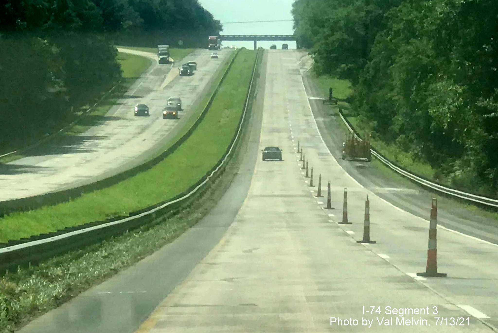 Image of shoulder construction work along US 52 South (Future I-74 East) at the Westinghouse Road exit,
        by Val Melvin, July 2021