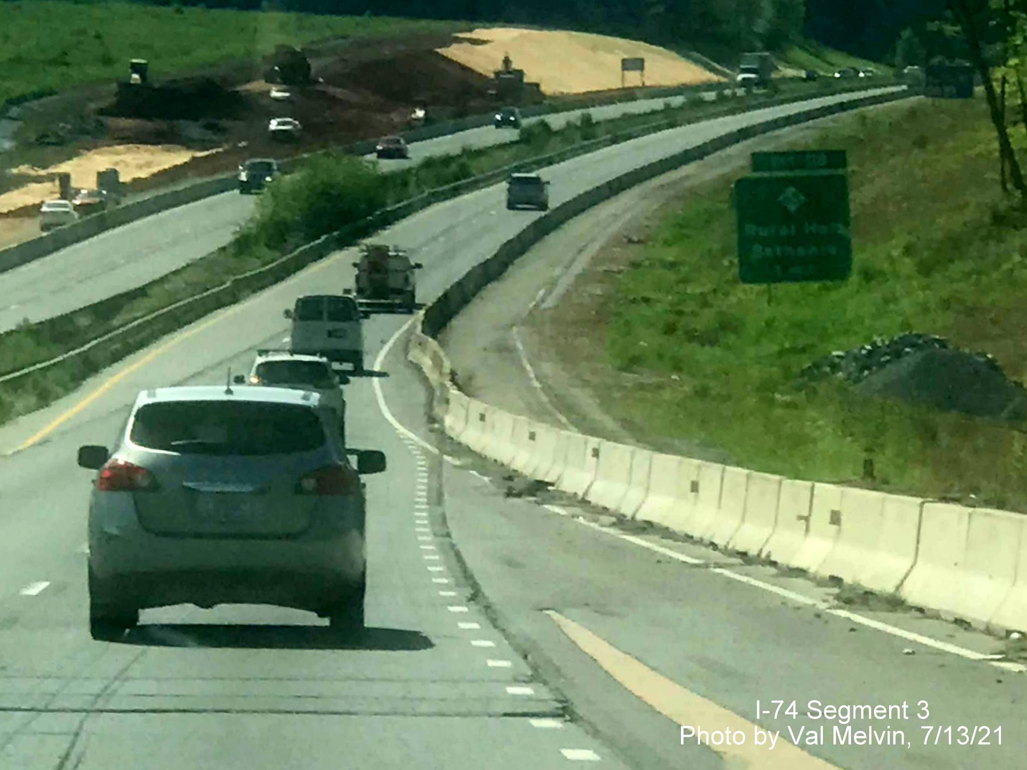Image of US 52 South (Future I-74 East) entering future Winston-Salem Northern 
        Beltway interchange construction zone, by Val Melvin, July 2021