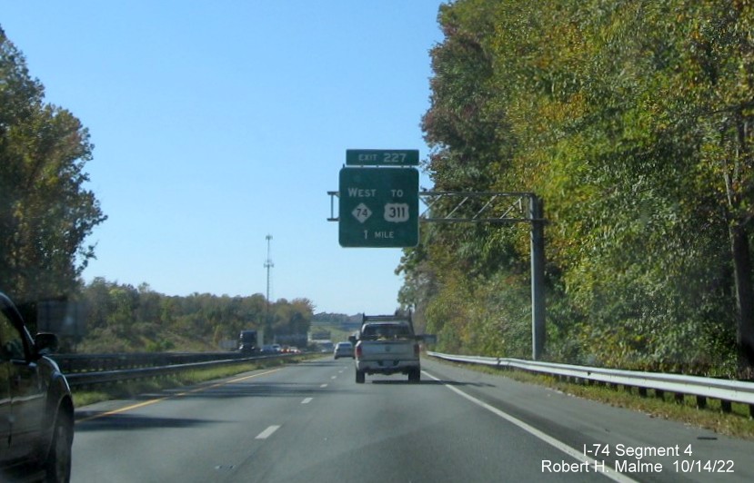 Image of 1 mile advance overhead sign for NC 74 (Future I-74) West Winston-Salem Northern Beltway 
        exit on US 421 North/Salem Parkway in Kernersville, October 2022