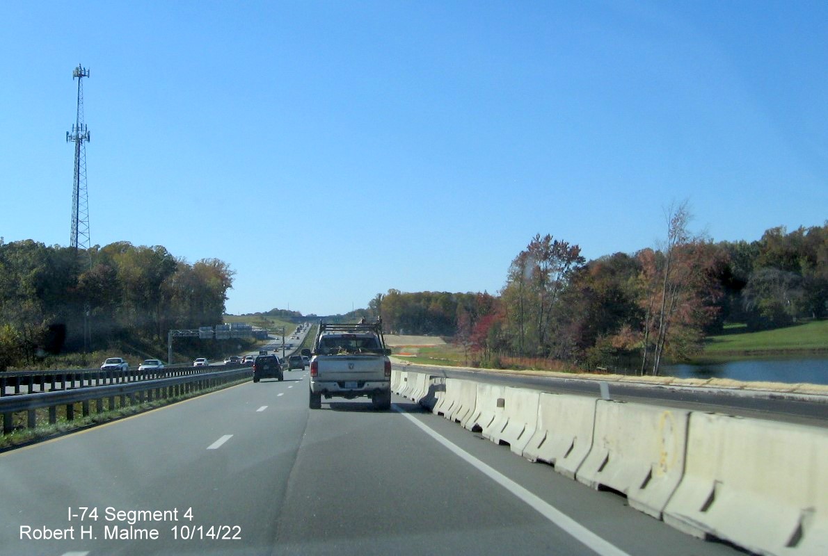 Image of construction along right lane of US 421 approaching NC 74 (Future I-74) West Winston-Salem 
        Northern Beltway exit, October 2022