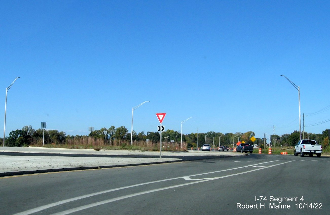 Image of roundabout on NC 8/Germanton Road south of the bridge across the Winston-Salem Northern
        Beltway for future ramp to NC 74 East, October 2022