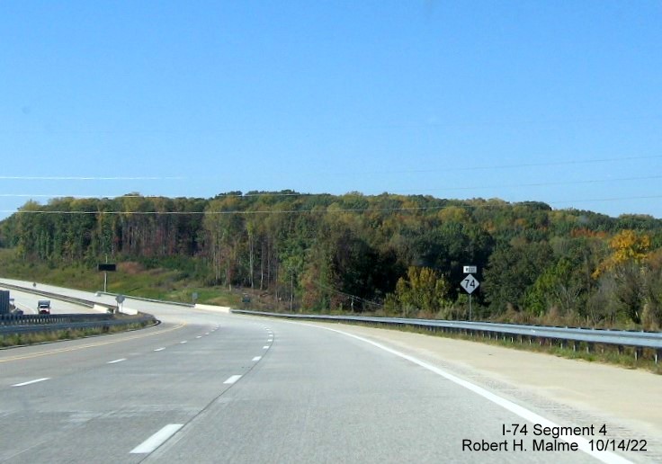 Image of West NC 74 reassurance marker on Winston-Salem Northern Beltway after US 421/Salem Parkway exit, October 2022