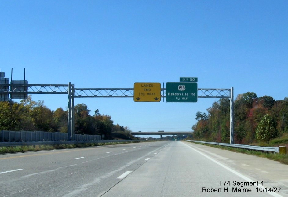 Image of 1/2 Mile advance overhead sign for US 158 exit on NC 74 (Future I-74) West Winston-Salem Northern Beltway, October 2022