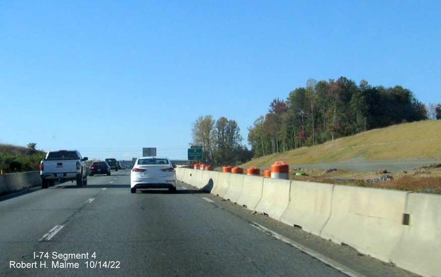 Image of future merge area between US 52 North and I-74 West from the Winston-Salem 
          Northern Beltway in interchange construction zone, October 2022