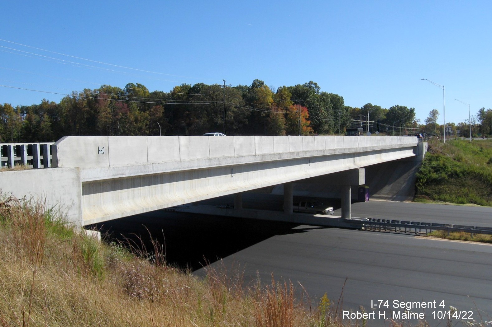 Image of view south along NC 8/Germanton Road bridge over unopened section of NC 74 (Future I-74) 
        Winston-Salem Northern Beltway, October 2022