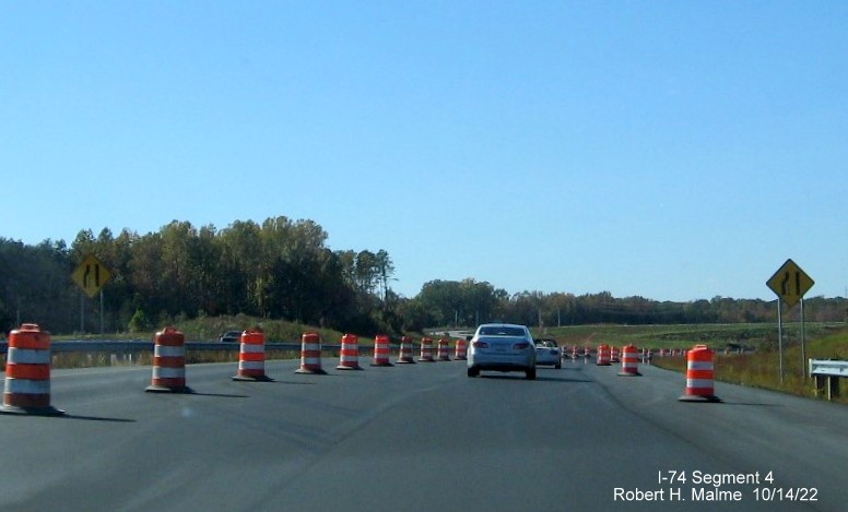 Image of start of construction zone for extension of West NC 74 (Future I-74) Winston-Salem Northern Beltway after US 311 exit, October 2022