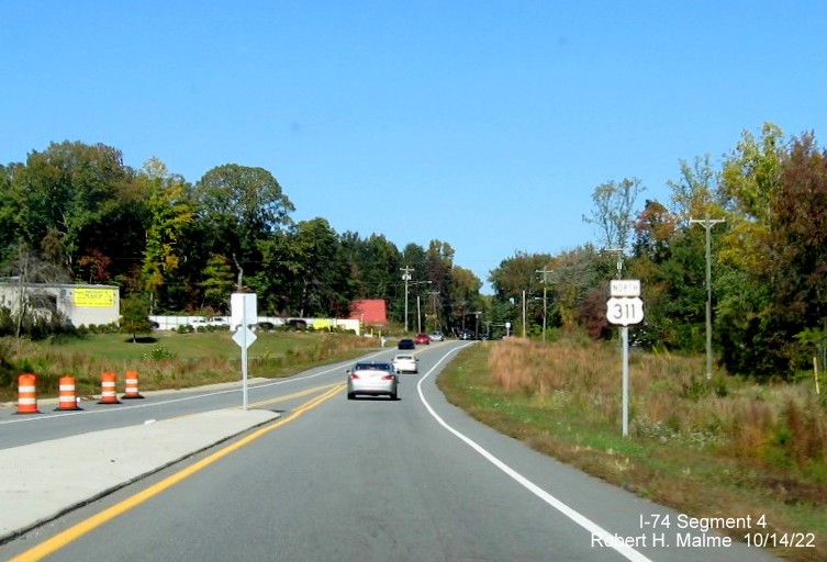 Image of North US 311 reassurance marker at end of ramp from current end of NC 74 (Future I-74) West, October 2022
