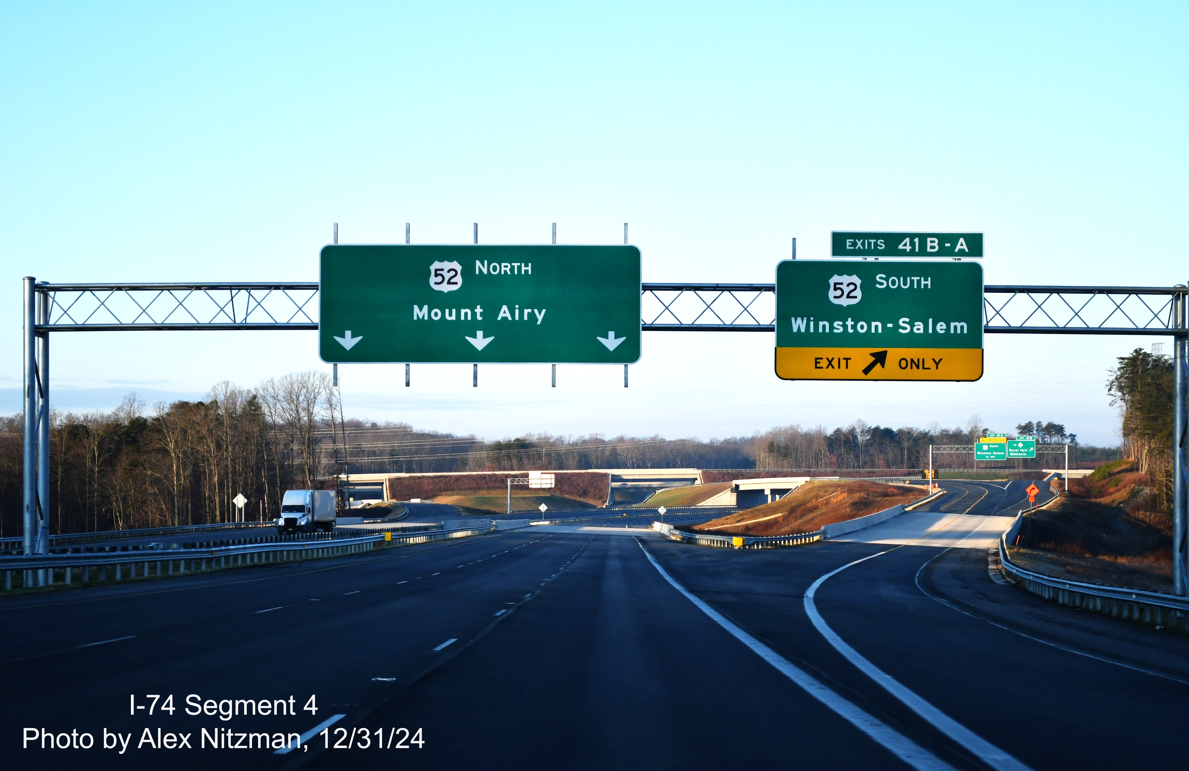 Image of recently opened NC 74 West/Winston-Salem Northern Beltway lanes prior to
      US 52 North bridge, December 2024, Alex Nitzman