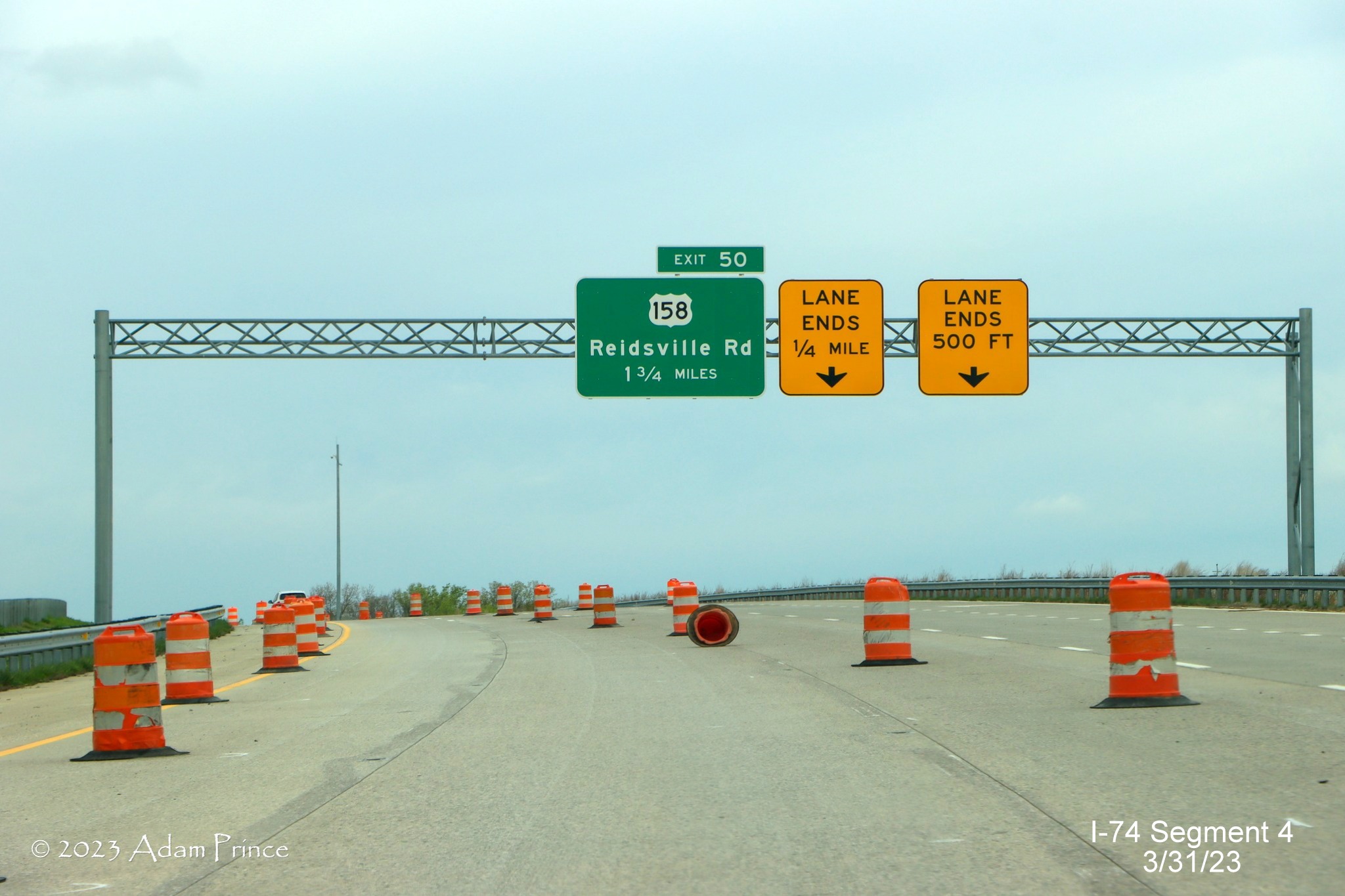 Image of lane restrictions along NC 74 (Future I-74) West/Winston-Salem Northern Beltway 
        after US 421 exit, Adam Prince, March 2023