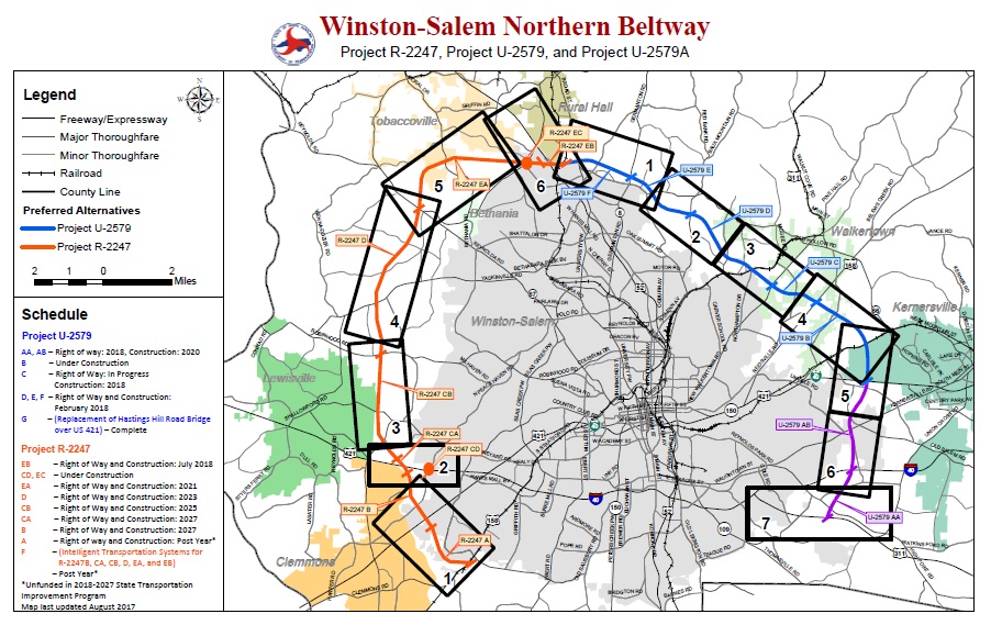 Image of NCDOT Aug. 2017 map of Winston-Salem Beltway construction segments