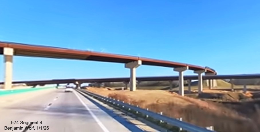 Image of future I-74 East to I-40 East flyover ramp as part of the I-74 Winston-Salem
	  Northern Beltway interchange project on I-40 East, screen grab from Benjamin Wolf video, January 2026