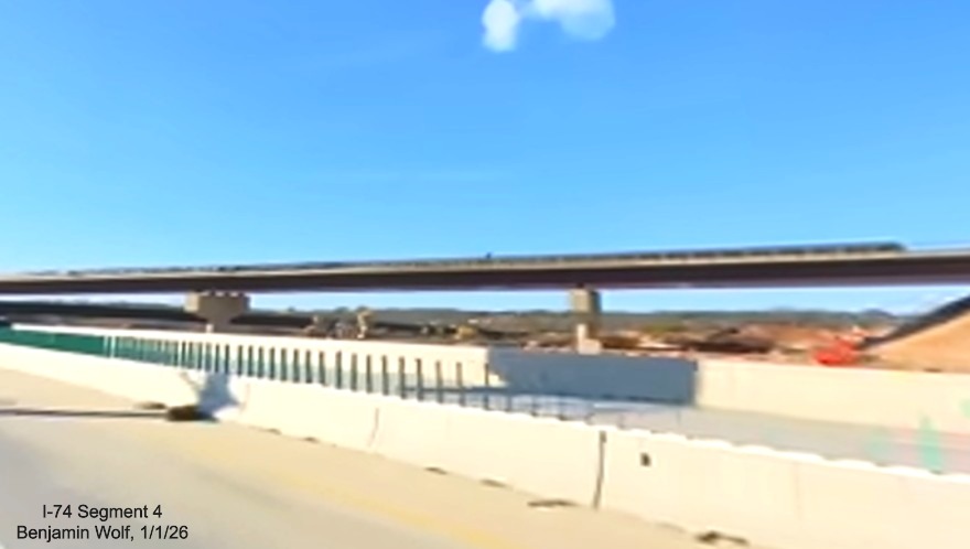 Image of future I-40 West to I-74 East flyover ramp viewed from I-40 East in 
	  Winston-Salem Northern Beltway interchange project work zone, screen grab from Benjamin Wolf video, January 2026