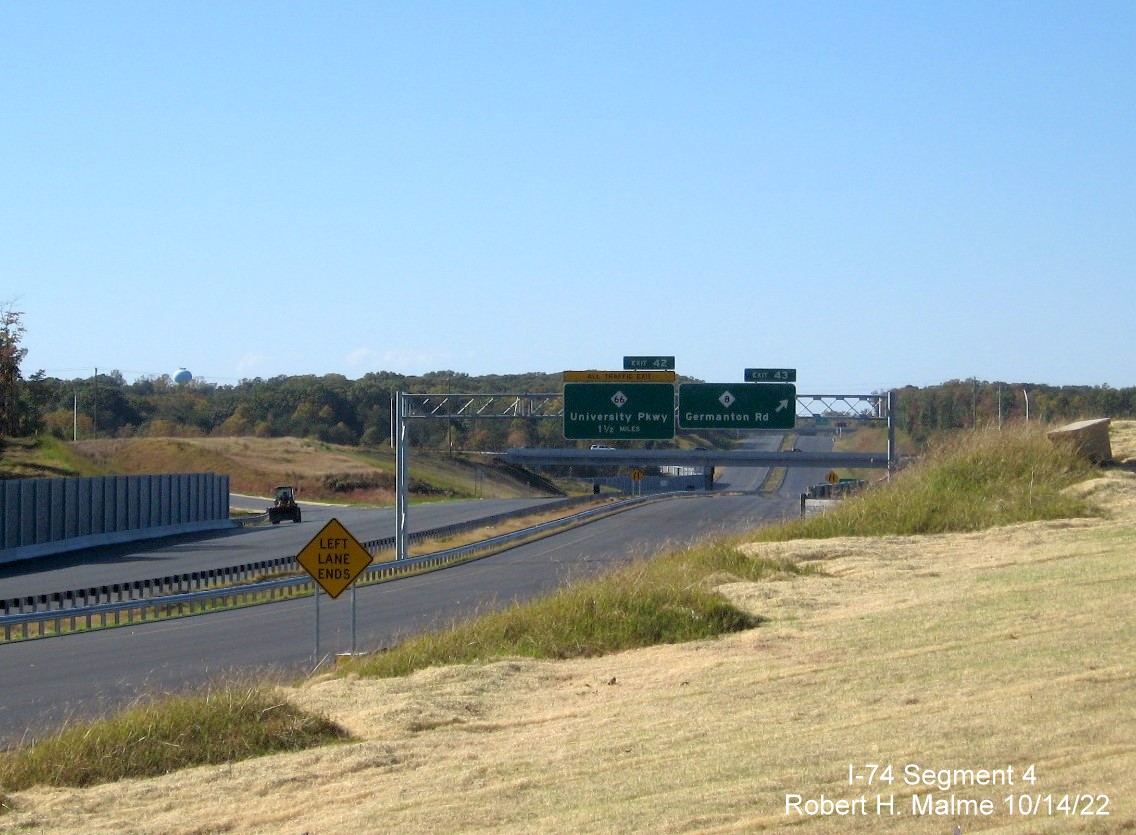 Image of overhead signage at future exit ramp for NC 8 on NC 74 (Future I-74) West Winston-Salem Northern Beltway, October 2022
