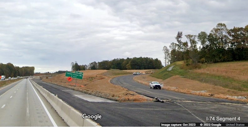 Image of paved future ramp to I-74 East/Winston-Salem Northern Beltway from I-40 East 
        in Forsyth County, Google Maps Street View, October 2023