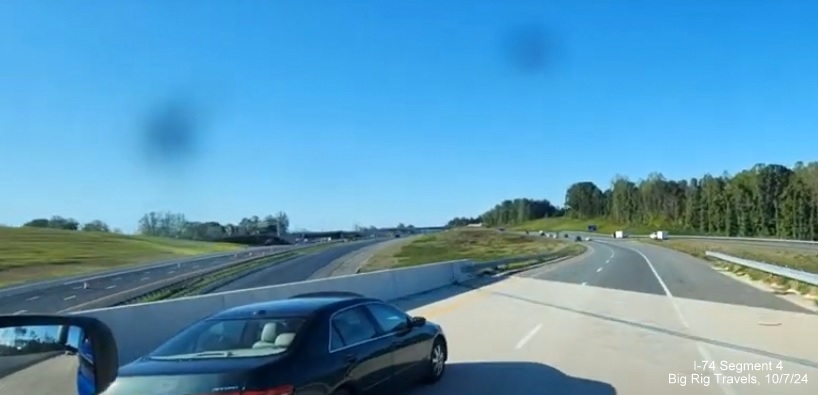 Screen grab of video showing US 52 North at merge from temporary NC 74 West
        /Winston-Salem Northern Beltway lanes, Big Rig Travels, October 2024