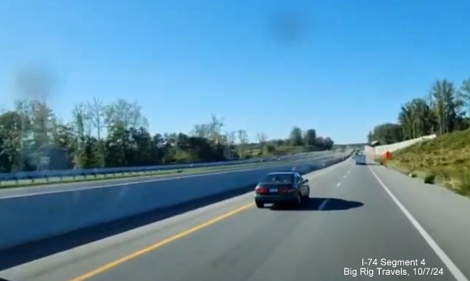 Screen grab of video showing US 52 North lanes near NC 65 bridge after the
        Winston-Salem Northern Beltway interchange, Big Rig Travels, October 2024