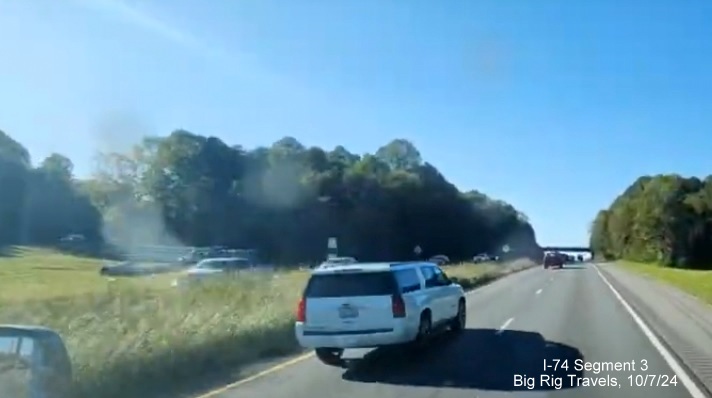 Image of traffic on US 52 North (Future I-74 West) using temporary lanes between NC 65 and 
       the Westinghouse Road exit, Big Rig Travels, October 2024