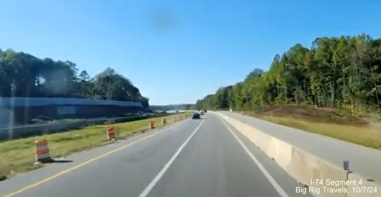 Image of start of Winston-Salem Beltway interchange construction area on I-74 West, screen 
        grab of Big Rig Travels video, October 2024