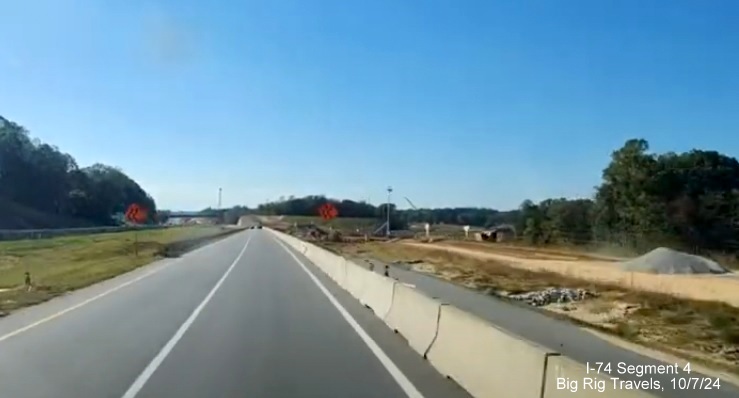 Image of contruction at site of future ramp to Winston-Salem Beltway north on I-74 West, screen 
        grab of Big Rig Travels video, October 2024