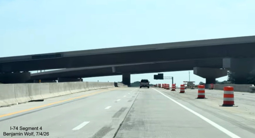 Image of I-40 East roadway near I-74/Winston-Salem Northern Beltway
	 flyover ramps, near completion, screen grab from Benjamin Wolf video, July 4, 2026