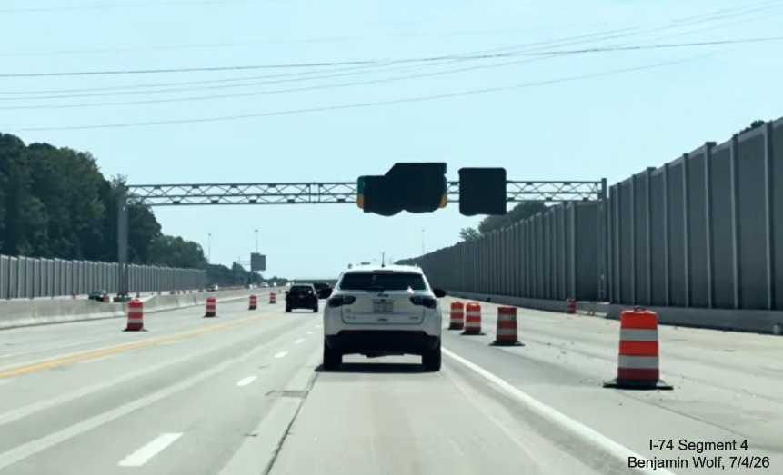 Image of I-40 East roadway approaching the Union Cross Road exit at the end of
	 the Winston-Salem Beltway interchange work zone, screen grab from Benjamin Wolf video, July 4, 2026
