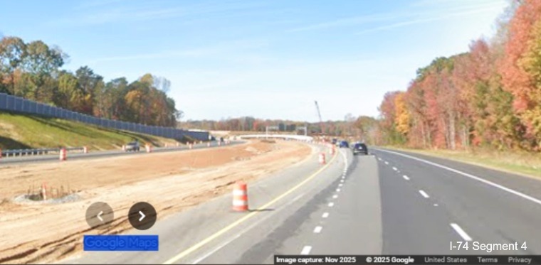 Image of median work continuing as seen from I-74 West in work zone for 
	  Winston-Salem Northern Beltway interchange after the Union Cross Road exit, Google Maps Street View, November 2025