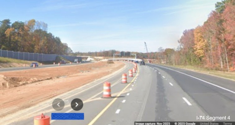 Image of median work continuing as seen from I-74 West in work zone for 
	  Winston-Salem Northern Beltway interchange after the Union Cross Road exit, Google Maps Street View, November 2025