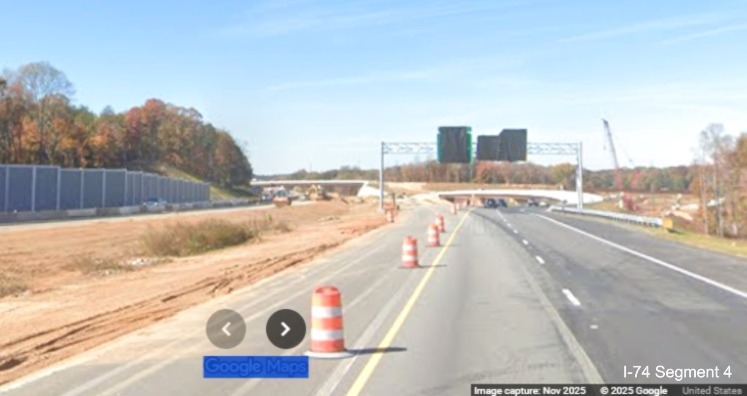 Image of median work continuing as seen from I-74 West in work zone for 
	  Winston-Salem Northern Beltway interchange approaching the future NC 192 exit, Google Maps Street View, November 2025