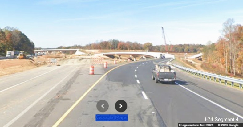 Image of current I-74 West traffic entering future ramp to NC 192 West in work 
	  zone for Winston-Salem Northern Beltway interchange, Google Maps Street View, November 2025