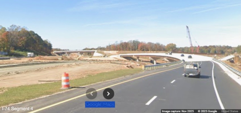 Image of current I-74 West traffic using future ramp to NC 192 West in work 
	  zone for Winston-Salem Northern Beltway interchange, Google Maps Street View, November 2025