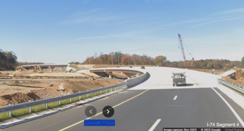 Image of current I-74 West traffic using future ramp to NC 192 West in work 
	  zone for Winston-Salem Northern Beltway interchange, Google Maps Street View, November 2025