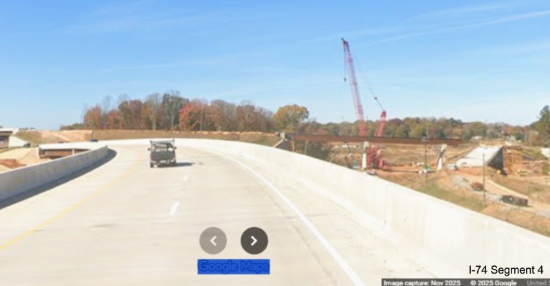 Image of future I-74 West Beltway roadway under construction from current I-74
	  using future ramp to NC 192 West in work zone for Winston-Salem Northern Beltway interchange, Google Maps Street View, 
	  November 2025