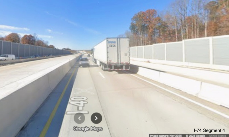 Image of traffic still restricted to 2 lanes along I-40 West after the Union Cross
	  Road exit ramp, Google Maps Street View, November 2025