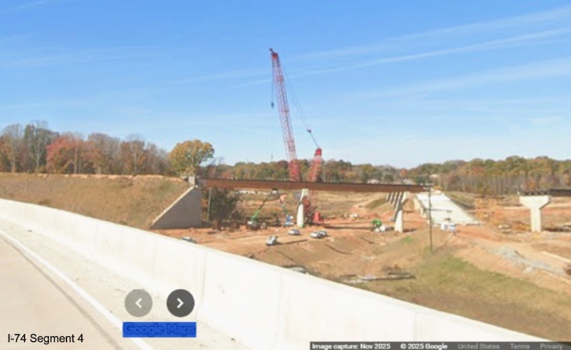Image of future flyover ramp for NC 192 East to I-74 West/Winston-Salem 
	  Northern Beltway from current I-74 West using future NC 192 West ramp, Google Maps Street View, November 2025