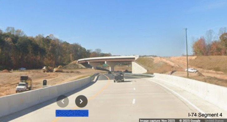 Image of current I-74 West traffic using future ramp to NC 192 West in work 
	  zone for Winston-Salem Northern Beltway interchange, Google Maps Street View, November 2025