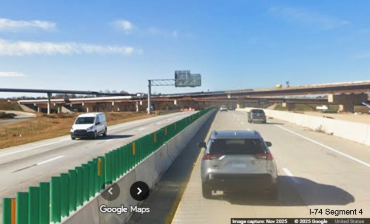 Image of current I-40 West lanes approaching flyover ramps at the future I-74
	  Winston-Salem Northren Beltway interchange, Google Maps Street View, November 2025