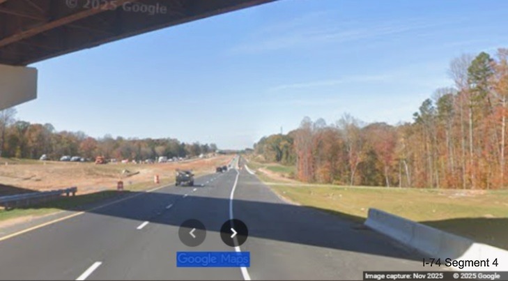Image of current I-74 West traffic using future ramp to NC 192 West in work 
	  zone for Winston-Salem Northern Beltway interchange, Google Maps Street View, November 2025