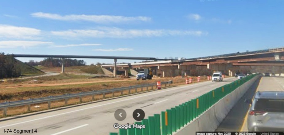 Image of Future I-74 flyover ramps looking across the I-40 East lanes,
	  Google Maps Street View, November 2025