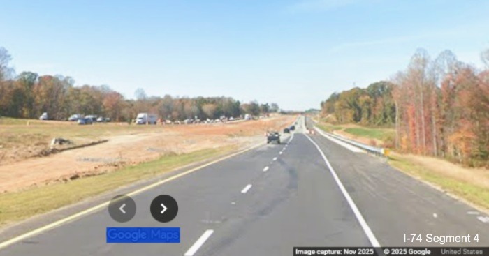 Image of current I-74 West traffic lanes meeting original lanes prior to the
	  future on-ramp from I-74 East/Winston-Salem Northern Beltway, Google Maps Street View, November 2025