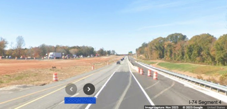 Image of current I-74 West traffic approaching future ramp to NC 192 West from 
	  I-74 East/Winston-Salem Northern Beltway, Google Maps Street View, November 2025