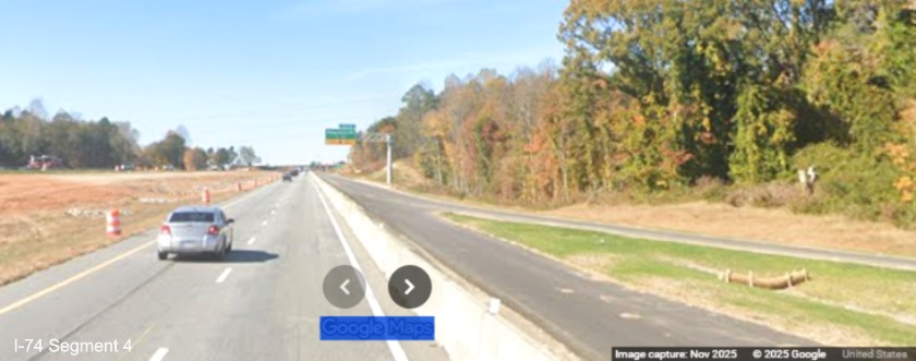 Image of current I-74 West traffic at merge from future ramp to NC 192 West from 
	  I-74 East/Winston-Salem Northern Beltway, Google Maps Street View, November 2025