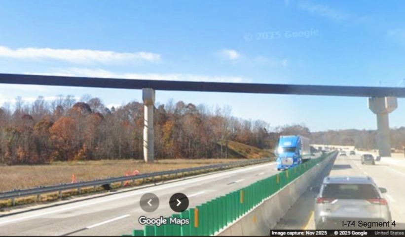 Image of Future I-74 East to I-40 East flyover ramp under construction from 
	  current I-40 West lanes, Google Maps Street View, November 2025
