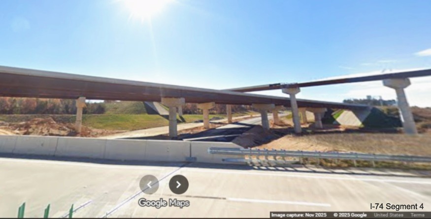 Image of from future I-40 East bridge over I-74 East and flyover ramps under 
	  construction, Google Maps Street View, November 2025