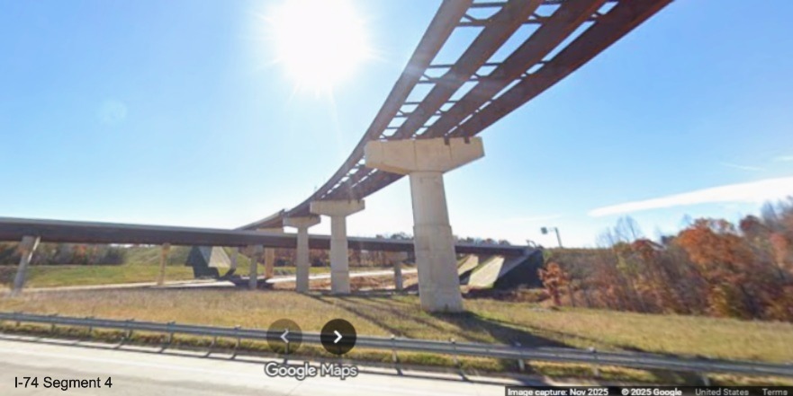 Image of Future I-74 East to I-40 East flyover ramp under construction from 
	  current I-40 West lanes, Google Maps Street View, November 2025