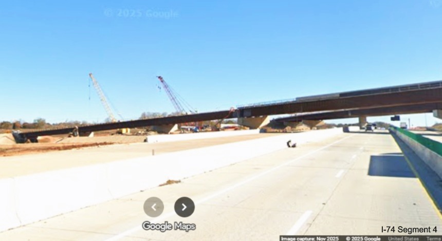 Image of Future I-74 East flyover ramp from current I-40 West lanes in I-74 
	  Winston-Salem Northern Beltway interchange construction zone, Google Maps Street View, November 2025