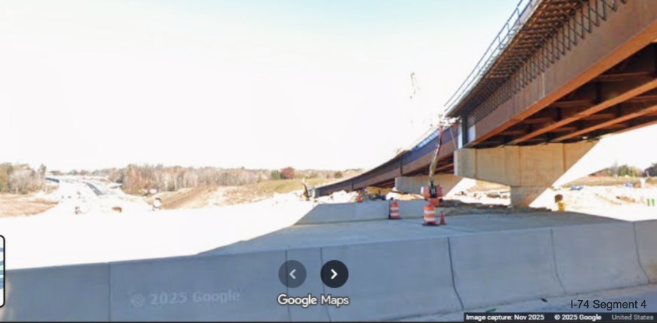 Image of Future I-74 East lanes under construction looking north from I-40 West at 
	  future Beltway interchange, Google Maps Street View, November 2025